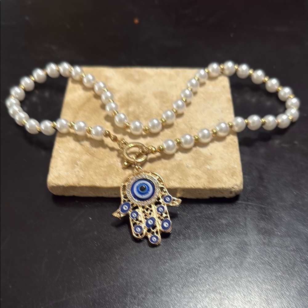 Gold and Blue Evil Eye Pearl Bracelet